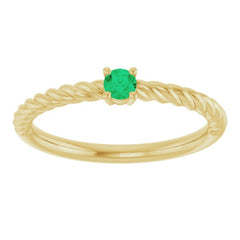 14K Yellow Gold 3 mm Lab-Grown Emerald Solitaire Rope Ring