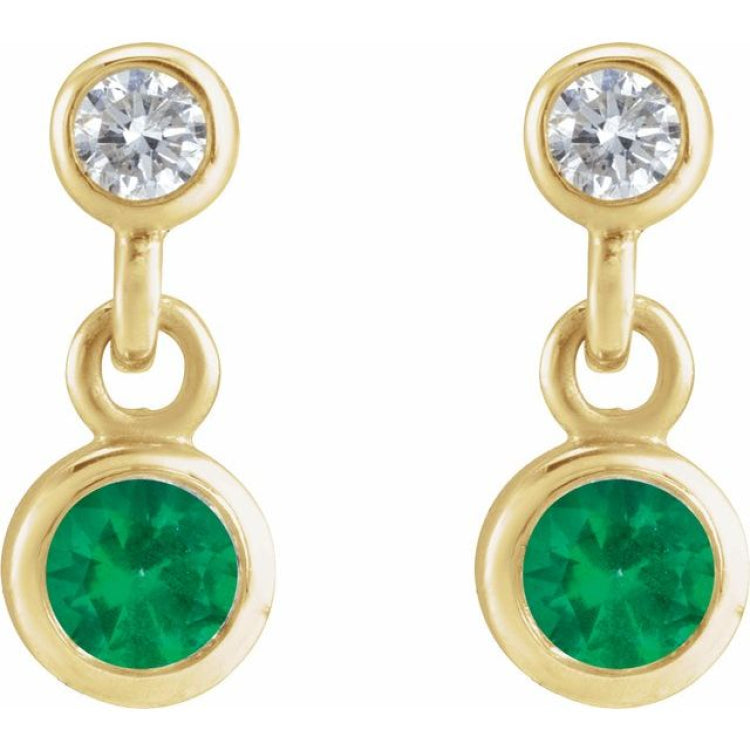 14K Yellow Gold Natural Emerald & .05 CTW Natural Diamond Two-Stone Earrings
