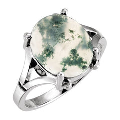 14K White Gold Natural Moss Agate Cabochon Ring