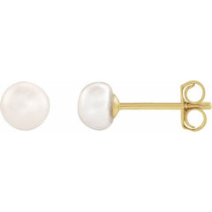 14K Yellow Gold 4-4.5 mm Cultured White Freshwater Button Pearl Earrings