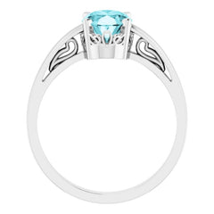 14K White Gold Natural Blue Zircon Solitaire Scroll Setting® Ring