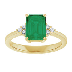 14K Yellow Gold Lab-Grown Emerald and 1/10 CTW Lab-Grown Diamond Ring