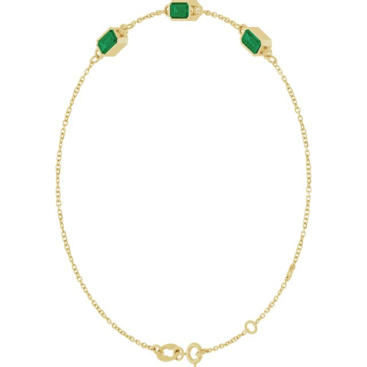 14K Yellow Gold Natural Emerald Bezel-Set 3-Stone 7 1/2" Bracelet