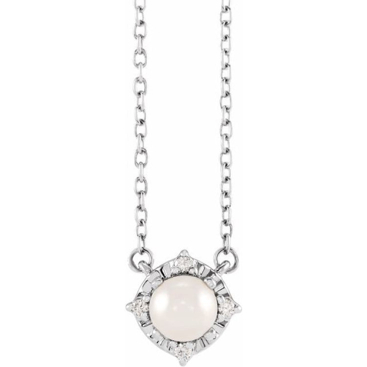 14K White Gold Cultured White Freshwater Pearl & .04 CTW Natural Diamond Halo-Style 18" Necklace