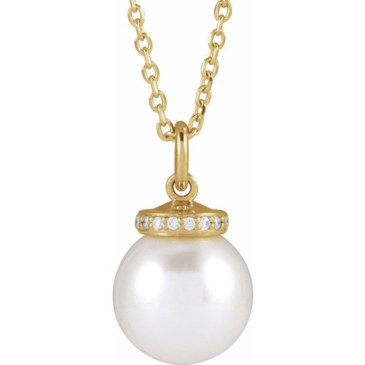 14K Yellow Gold Cultured White Akoya Pearl & .04 CTW Natural Diamond 16-18" Necklace