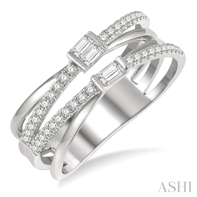 3/8 Ctw Criss-Cross Baguette and Round Diamond Fashion Ring in 14K White Gold
