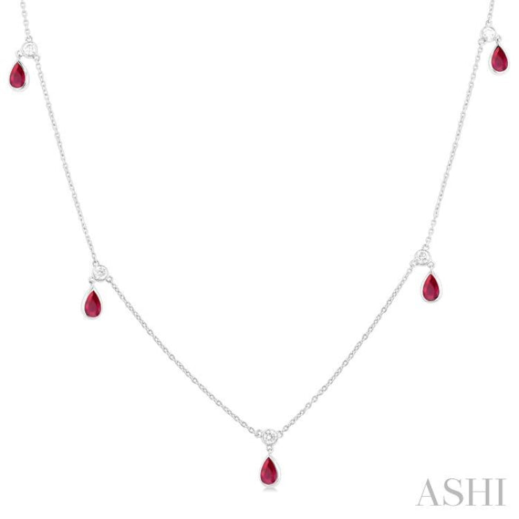 5X3 MM Pear Shape Ruby and 1/4 Ctw Round Cut Diamonds Precious Station Necklace in 14K White Gold