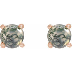 14K Rose Gold Natural Moss Agate Cabochon Earrings