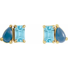 14K Yellow Gold Natural Sky Blue Topaz & Natural London Blue Topaz Two-Stone Stud Earrings
