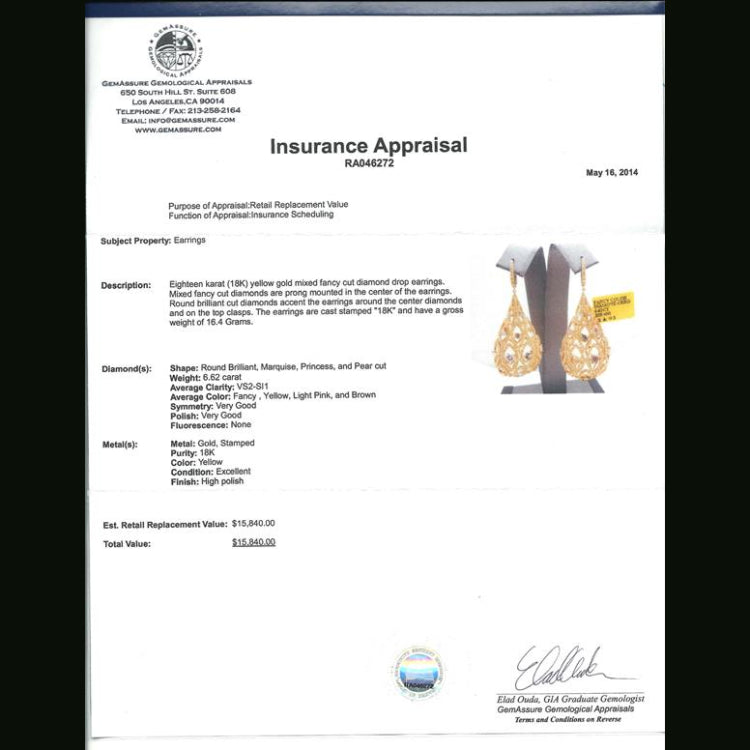 6.62ct 18k Yellow Gold Fancy Color Diamond Earring