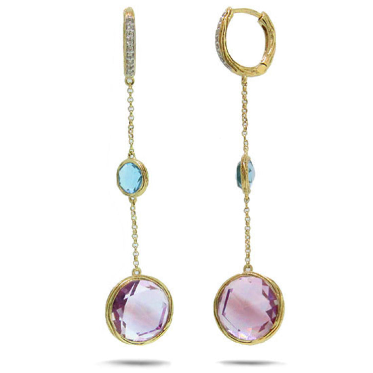 0.07ct Diamond & 10.91ct Amethyst & Blue Topaz 14k Yellow Gold Earring