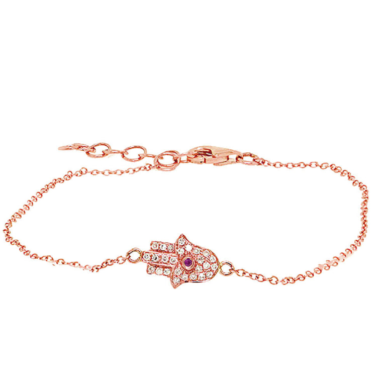 0.08ct Diamond & 0.01ct Ruby 14k Rose Gold Hamsa Bracelet