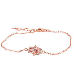 0.08ct Diamond & 0.01ct Ruby 14k Rose Gold Hamsa Bracelet