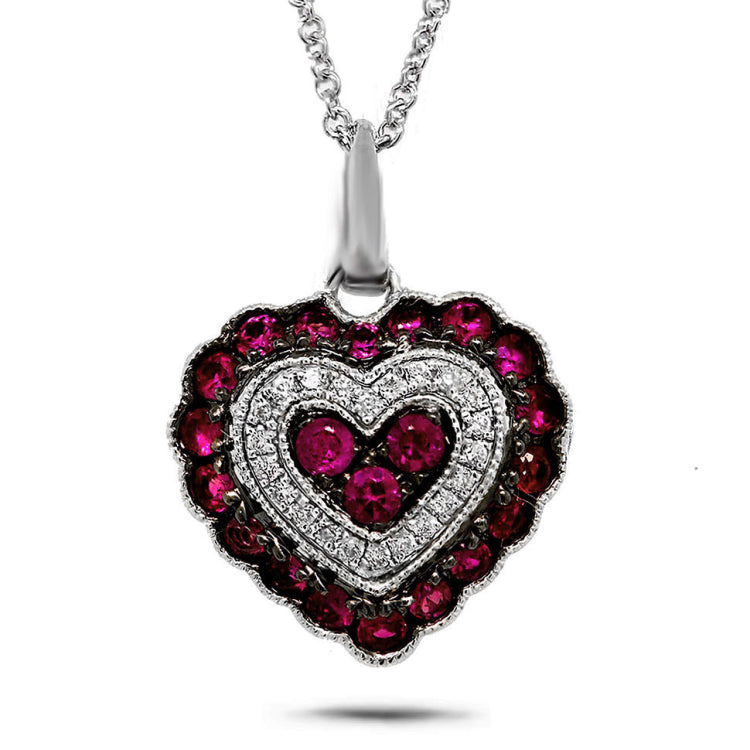0.07ct Diamond & 0.59ct Ruby 14k White Gold Heart Necklace