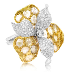 4.26ct 18k Two-tone Gold White & Fancy Color Diamond Flower Ring