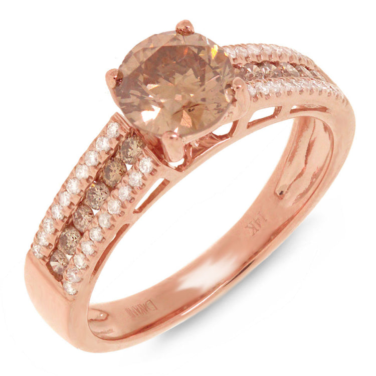 1.05ct Round Brilliant Center and 0.35ct Side 14k Rose Gold Champagne Diamond Engagement Ring