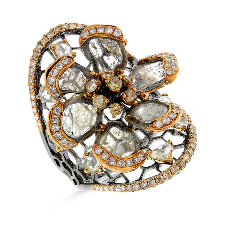 3.35ct 18k Black Rhodium Gold Fancy Color Diamond Flower Ring