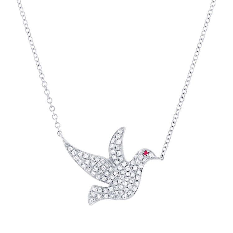 0.27ct Diamond & 0.01ct Ruby 14k White Gold Dove Necklace
