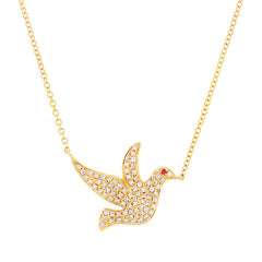 0.27ct Diamond & 0.01ct Ruby 14k Yellow Gold Dove Necklace
