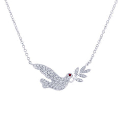 0.25ct Diamond & 0.01ct Ruby 14k White Gold Dove Necklace