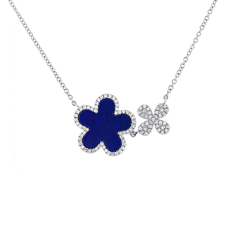 0.23ct Diamond & 1.33ct Lapis 14k White Gold Flower Necklace