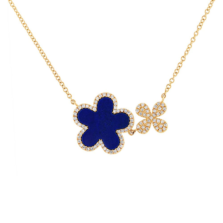 0.23ct Diamond & 1.33ct Lapis 14k Yellow Gold Flower Necklace