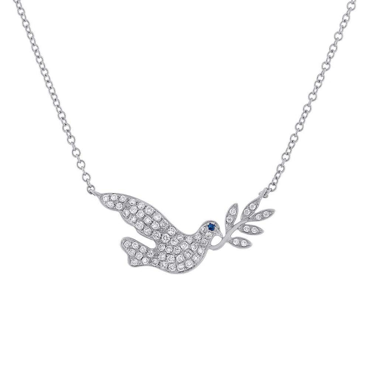 0.25ct Diamond & 0.01ct Blue Sapphire 14k White Gold Dove Necklace