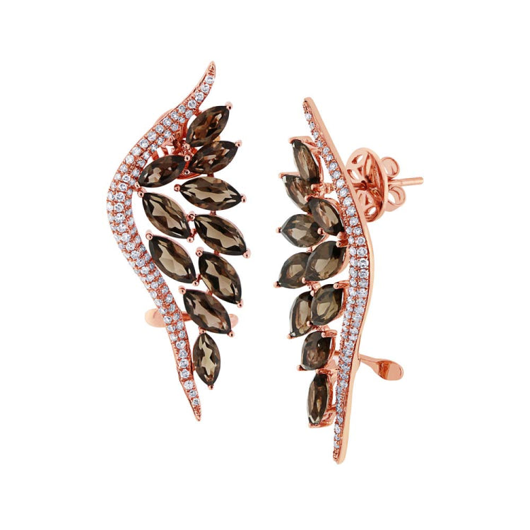 0.75ct Diamond & 5.91ct Smokey Topaz 14k Rose Gold Ear Crawler Earring