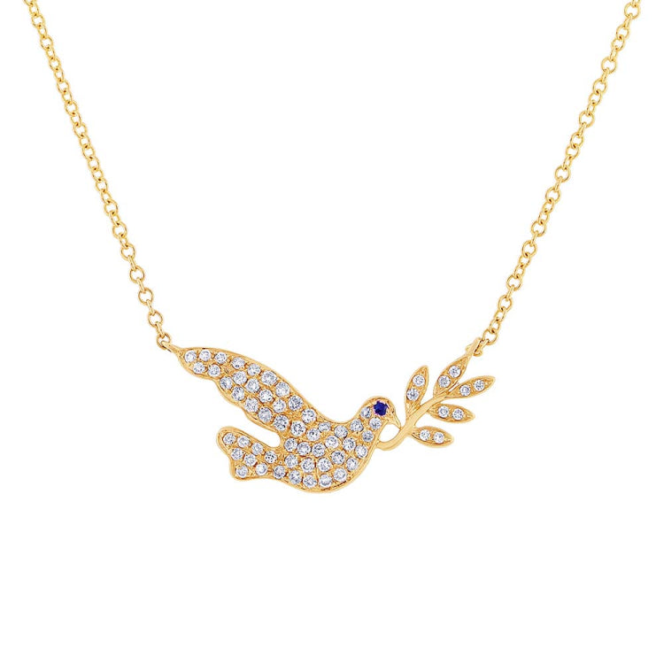 0.25ct Diamond & 0.01ct Blue Sapphire 14k Yellow Gold Dove Necklace