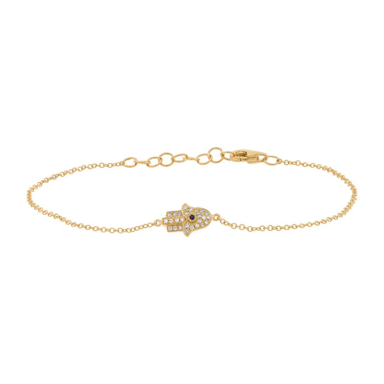 0.08ct Diamond & 0.01ct Blue Sapphire 14k Yellow Gold Hamsa Bracelet