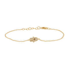 0.08ct Diamond & 0.01ct Blue Sapphire 14k Yellow Gold Hamsa Bracelet