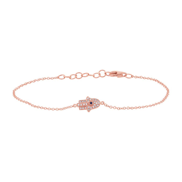 0.08ct Diamond & 0.01ct Blue Sapphire 14k Rose Gold Hamsa Bracelet