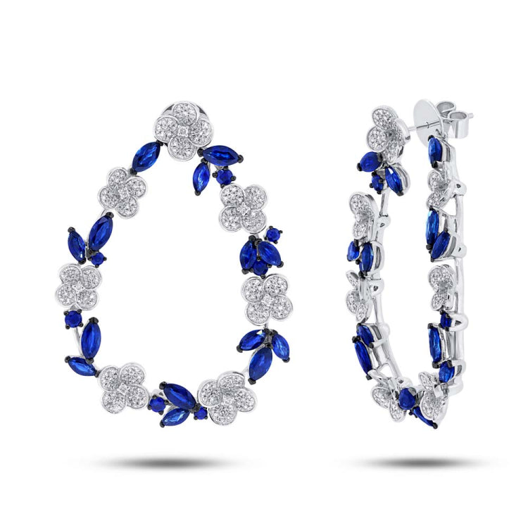 1.74ct Diamond & 7.95ct Blue Sapphire 14k White Gold Flower Earring