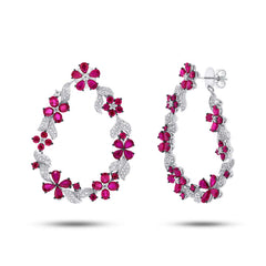 1.19ct Diamond & 10.10ct Ruby 14k White Gold Flower Earring
