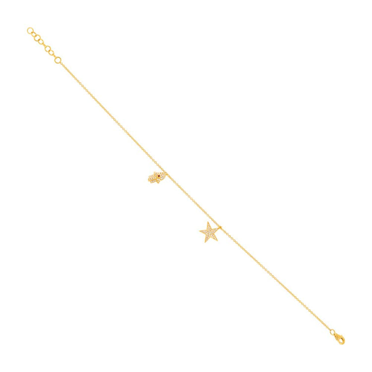0.16ct Diamond & 0.01ct Ruby 14k Yellow Gold Hamsa & Star Anklet