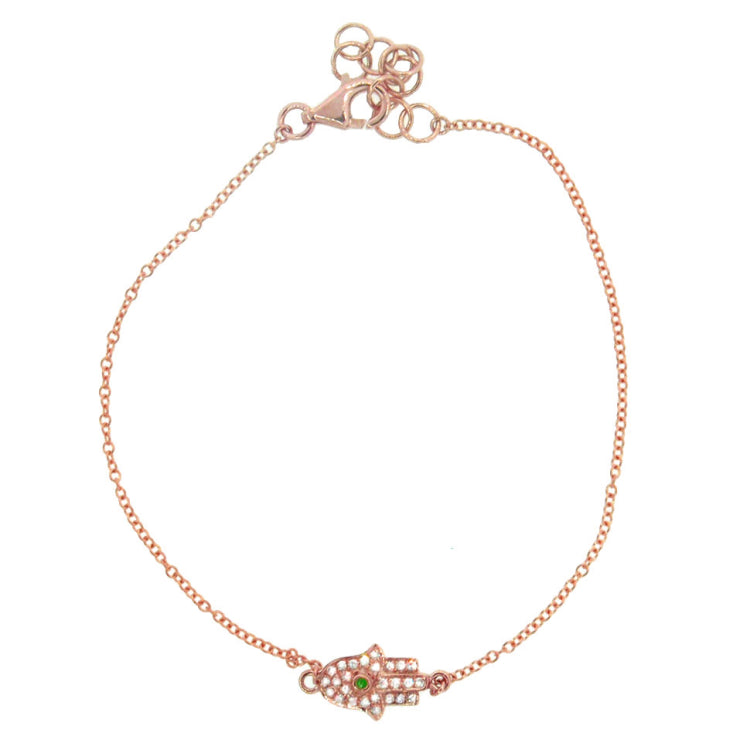 0.08ct Diamond & 0.01ct Emerald 14k Rose Gold Hamsa Bracelet