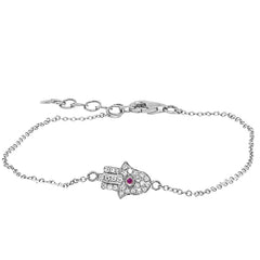 0.08ct Diamond & 0.01ct Ruby 14k White Gold Hamsa Bracelet