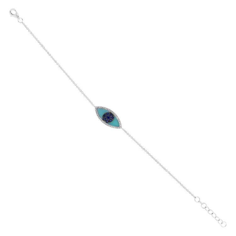 0.06ct Diamond & 0.20ct Blue Sapphire & C. Turquoise 14k White Gold Eye Bracelet