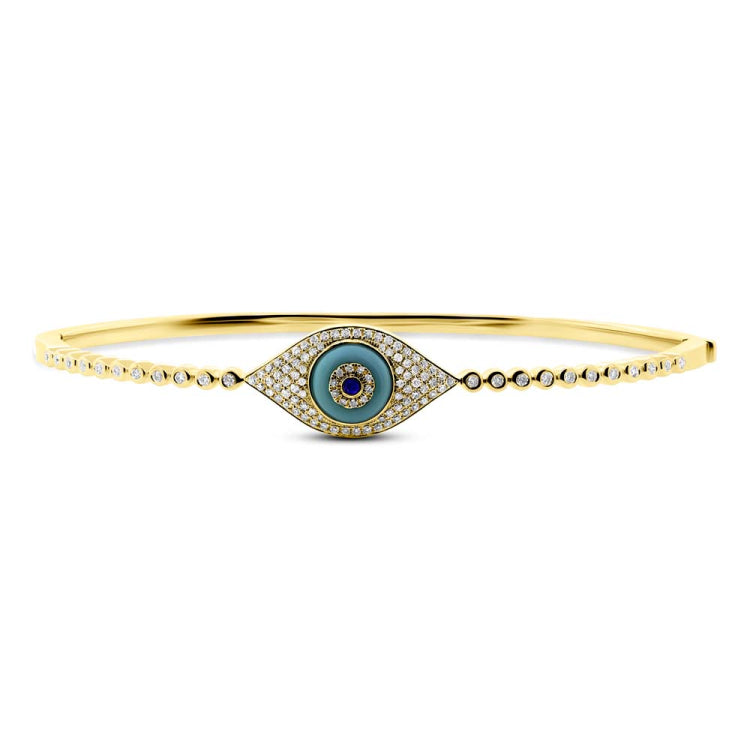 0.42ct Diamond & 0.60ct Blue Sapphire & Composite Turquoise 14k Yellow Gold Eye Bangle