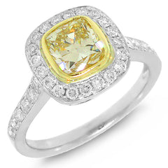 1.29ct Cushion Cut Center and 0.50ct Side 14k Two-tone Gold Natural Yellow Diamond Ring Size 4.5