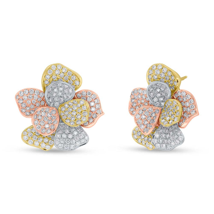 3.68ct 14k Three-tone Gold Diamond Flower Earring