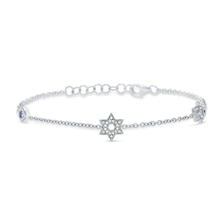 0.15ct Diamond & 0.06ct Blue Sapphire 14k White Gold Hamsa Star Eye Bracelet