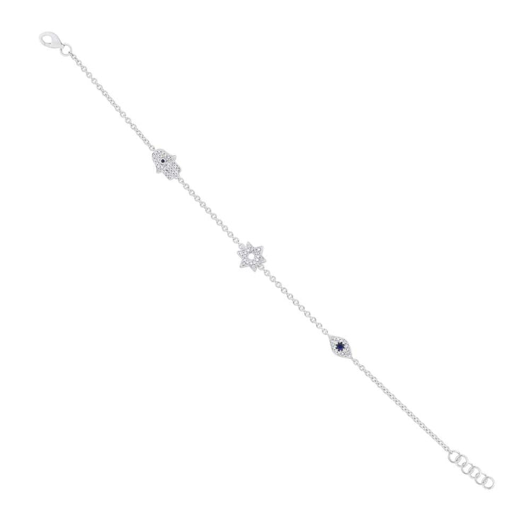 0.15ct Diamond & 0.06ct Blue Sapphire 14k White Gold Hamsa Star Eye Bracelet