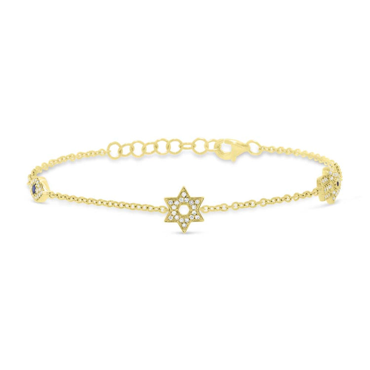 0.15ct Diamond & 0.06ct Blue Sapphire 14k Yellow Gold Hamsa Star Eye Bracelet