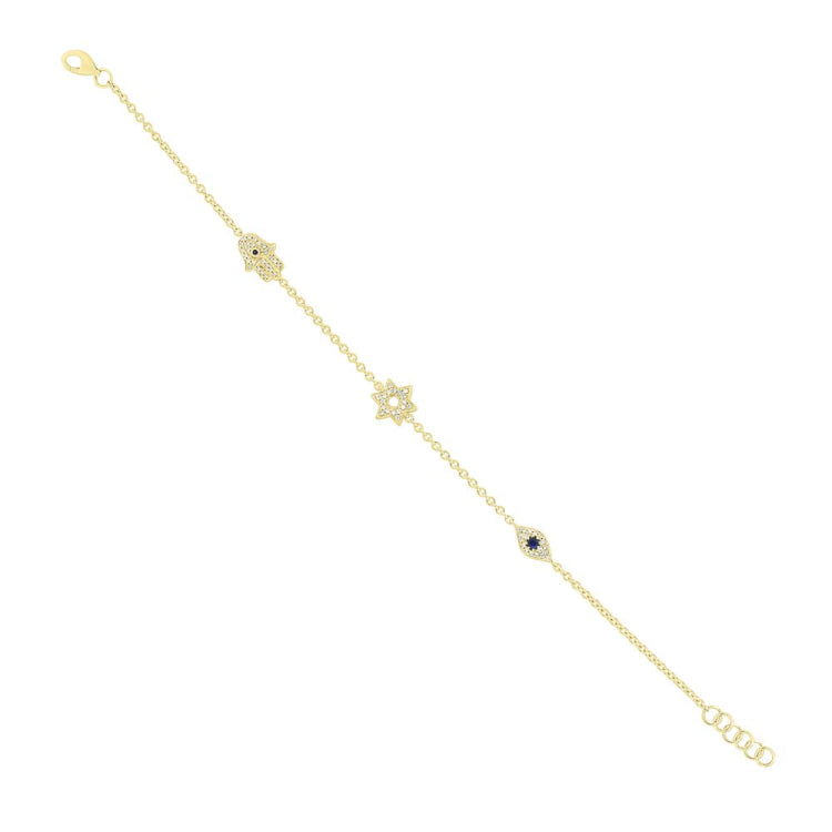 0.15ct Diamond & 0.06ct Blue Sapphire 14k Yellow Gold Hamsa Star Eye Bracelet