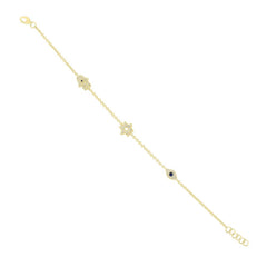 0.15ct Diamond & 0.06ct Blue Sapphire 14k Yellow Gold Hamsa Star Eye Bracelet