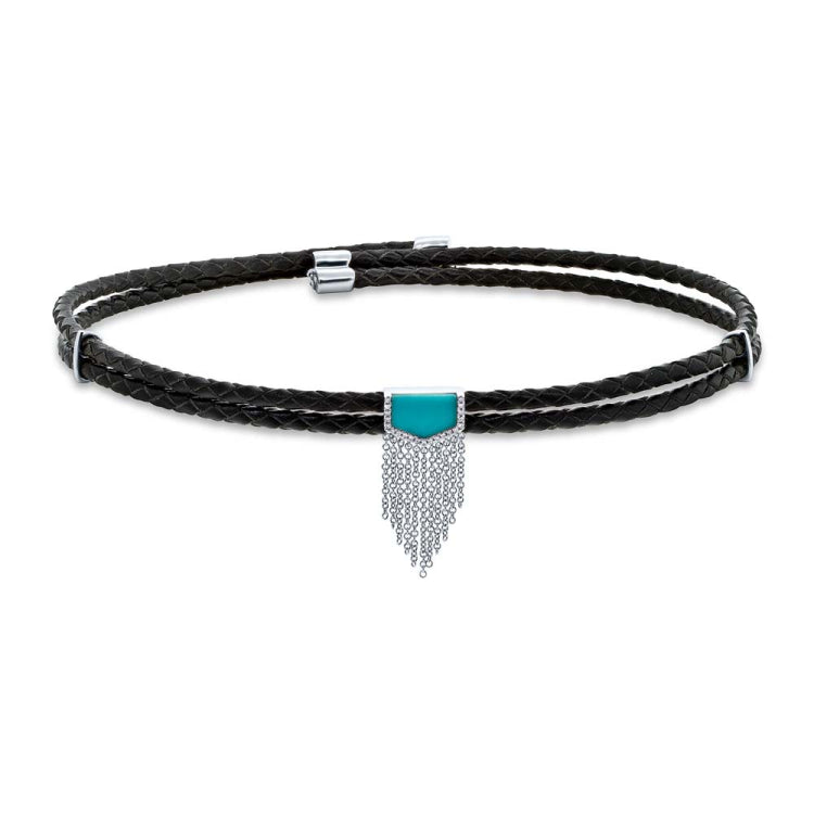 0.06ct Diamond & 0.95ct Composite Turquoise 14k White Gold Fringe Cord Choker Necklace