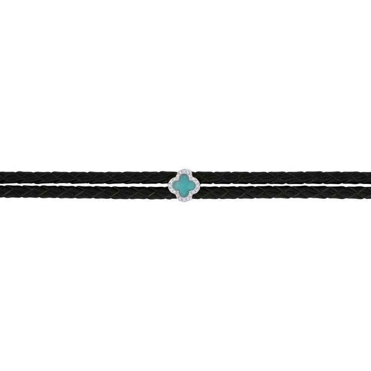 0.06ct Diamond & 0.25ct Composite Turquoise 14k White Gold Clover Cord Choker Necklace
