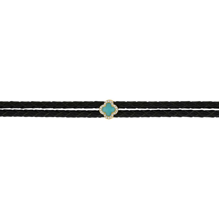 0.06ct Diamond & 0.25ct Composite Turquoise 14k Yellow Gold Clover Cord Choker Necklace