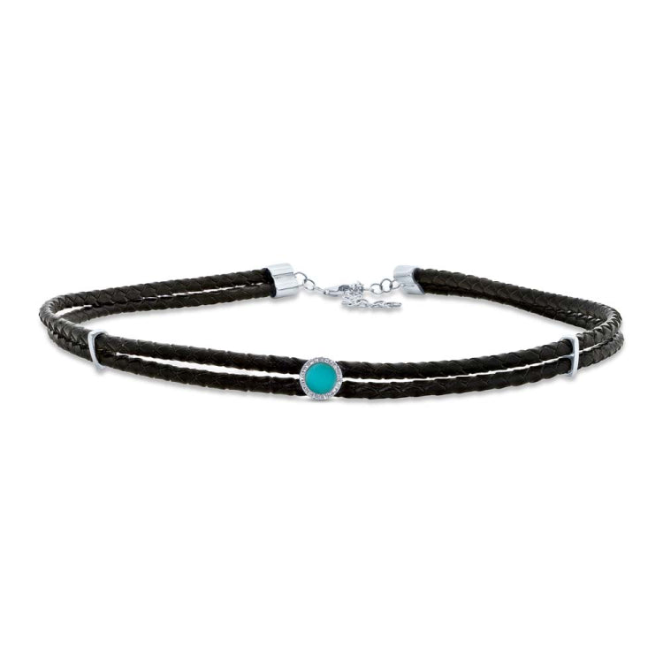 0.06ct Diamond & 0.45ct Composite Turquoise 14k White Gold Circle Cord Choker Necklace